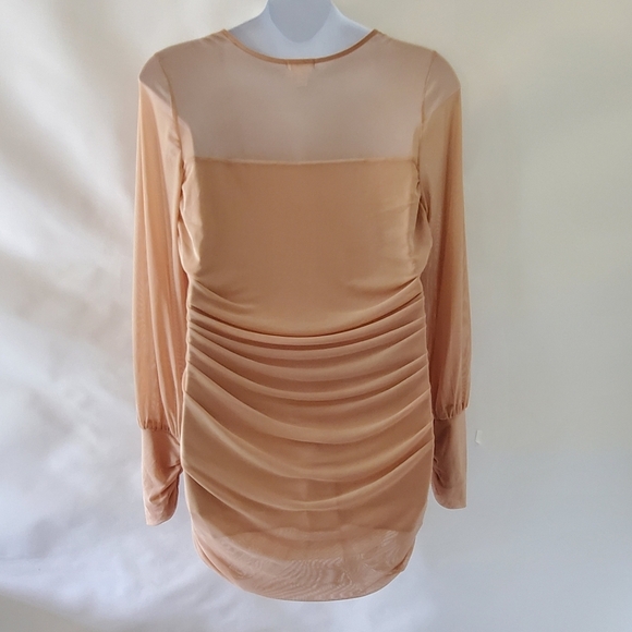 Venus Mesh Semi-Sheer Mini Dress Size 2X Bodycon Ruched Tan Stretch Pullover - Picture 6 of 15